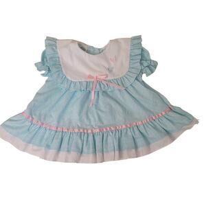 Vintage Baby Girl Dress 18M Pastel Blue Ruffle Pink Bow Butterflies USA Made